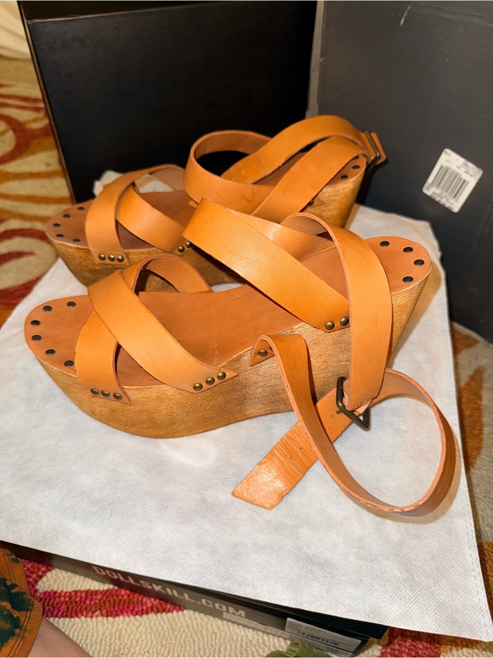 Joe’s Jeans Platform Sandals in Cognac Leather - Women's Strappy Wooden Wedge